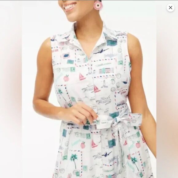 NWT J.Crew Factory Collared Midi White Postcard Stamps Southern Shirtdress 12 - Picture 3 of 16